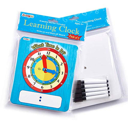 ZazzyKid Time Learning Analog Clock for Kids - Pack of 5 (7 x 8 Inches) with 5 Erasable Markers: Teach Children to Tell The Time