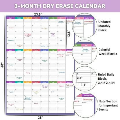 Dry Erase Calendar for Wall - Undated 3 Month Wall Calendar, 28'' x 40'', Erasable & Reusable Wall Calendar, Dry Erase Calendar for Home, Office and School, 10 Round Stickers