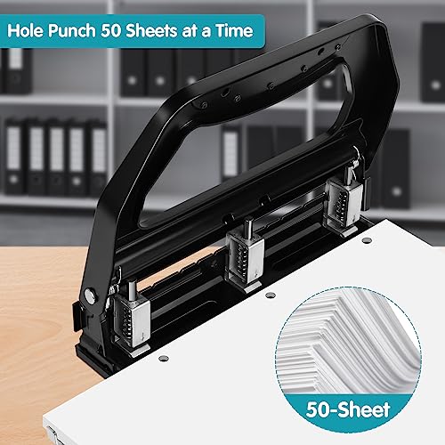AFMAT 3 Hole Punch Heavy Duty, 9/32" Holes, 50-Sheet Hole Puncher 3 Ring, 50% Reduced Effort, Adjustable Two & Three Hole Punch, Metal Paper Puncher w/Large Chip Tray, Metal Paper Guide, Black, HP18 - color: Black