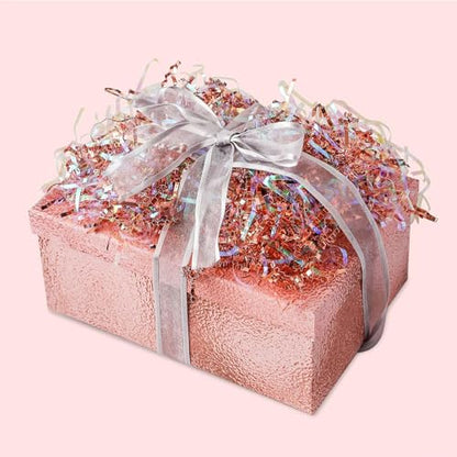 PAPER FAIR Metallic Iridescent Rose Gold Crinkle Cut Paper Shredded Filler, 5OZ Rosy Pink Gold Grass Raffia Tissue, Strands Shred Craft Bedding Cushion Paper, for Christmas Wedding Mothers Day Bridesmaid Engagement Gift Boxes Bags Retail Decoration - colo