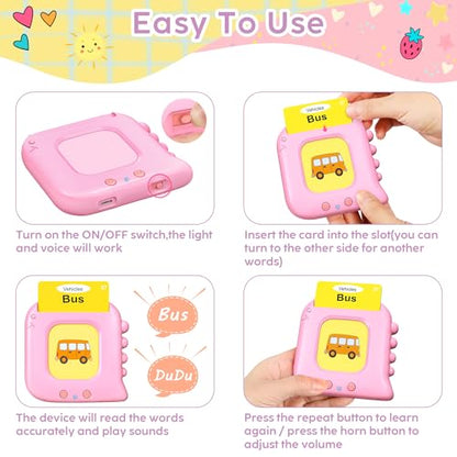 Talking Flash Cards,Kids Toddler Flash Cards with 240 Sight Words,Montessori Toys,Autism Sensory Toys,Speech Therapy Toys,Learning Educational Gifts for Age 4 5 6Years Old Boys and Girls - style: Dinosaur Pink