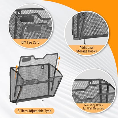 Docnest 2 Tier Mesh Wall File Holders with Hooks – 3 Pack Hanging Letter Holder - Document Organizer for Mail, Paper, Office, Home, School – Space-Saving Wall Mounted Folder Holder – Black - color: 2 Tier-Black-3 Pack