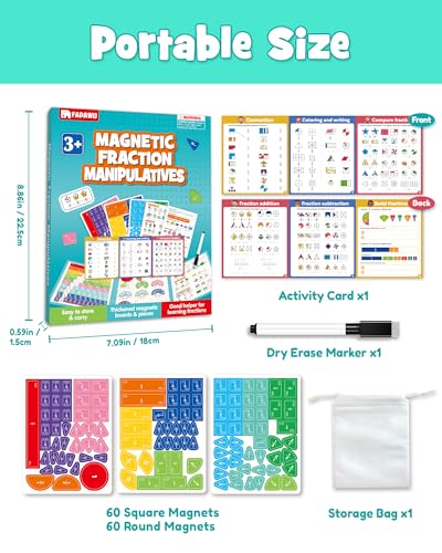 Magnetic Fraction Educational Puzzle, Magnetic Fraction Demonstration Book with Fraction Tiles & Circles, Montessori Fraction Manipulatives for Elementary School, Maths Learning Toys for Kids - color: Turquoise (8.86 X 7.09 In)