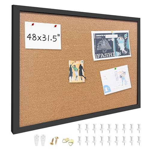 Cork Bulletin Board, 48x31.5 Inches Hanging Cork Board Wooden Framed with Pins for Wall, Dorm Room, Office, Home Decor – Natural Cork & Black Frame - color: Black, size: 31.5" x 48"