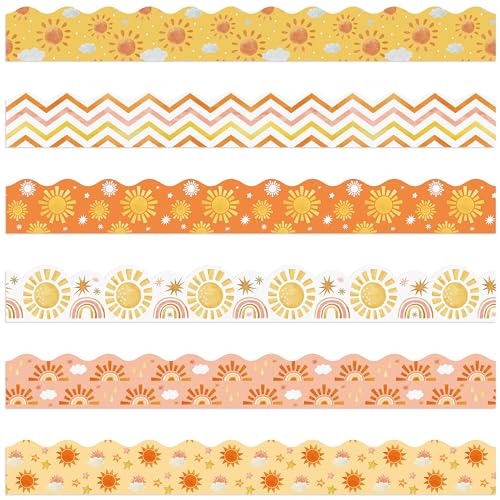 BeYumi 96Pcs Boho Sun Themed Bulletin Board Borders Boho Hippie Sunshine Scalloped Border Trim Decoration Set Rainbow Sun Holiday Back to School Classroom Office Party Chalkboard Blackboard Decor - style: Boho Sun