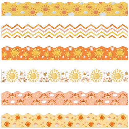 BeYumi 96Pcs Boho Sun Themed Bulletin Board Borders Boho Hippie Sunshine Scalloped Border Trim Decoration Set Rainbow Sun Holiday Back to School Classroom Office Party Chalkboard Blackboard Decor - style: Boho Sun