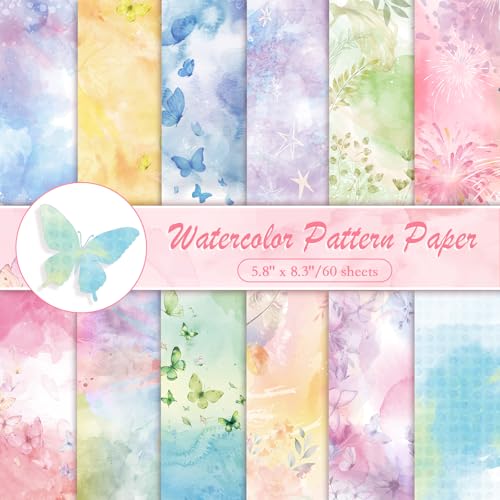 Konsait 60 Sheets Watercolor Scrapbook Paper, Double Sided Patterned Cardstock Spring Decorative Papers Origami Papers Watercolor Stationery Paper for Card Making Scrapbook Supplies 5.5 x 8.3 Inch