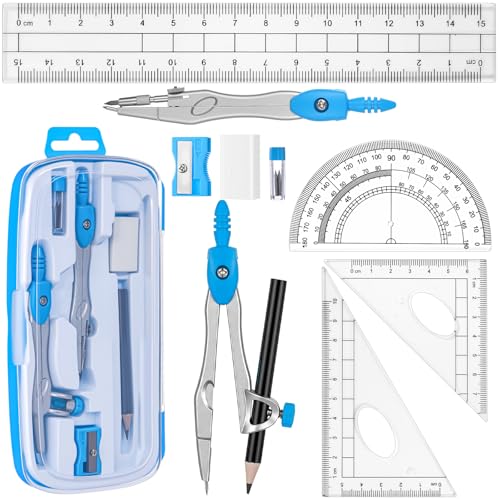 Zonon Math Geometry Set 10 Pcs Student Supplies with Shatterproof Storage Box, Includes Rulers Protractor Compass Pencil Sharpener Lead Refills Eraser Pencil for Drafting and Drawings(Blue) - color: Blue