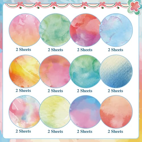 Konsait 24 Sheets Watercolor Scrapbook Paper 12x12, Double Sided Watercolor Cardstock Stationery Paper Origami Papers for Card Making Romantic Scrapbook Supplies