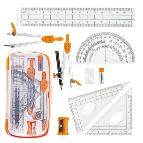 Student Geometry Set with Handle Storage Box - 2 Compasses, Protractor, Ruler and Sharpener for Math - color: Orange