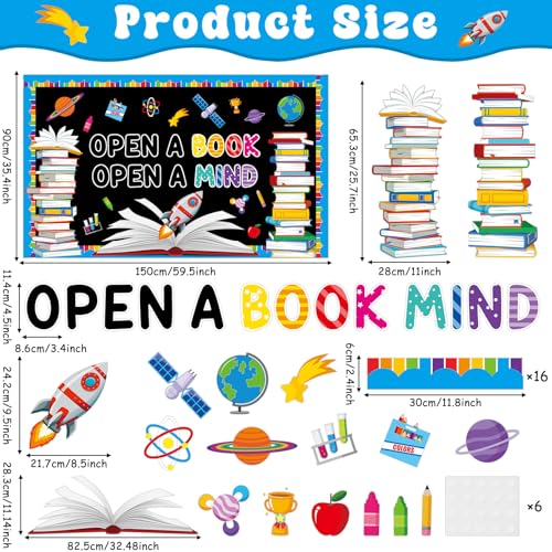 Reading Bulletin Board Set Open A Book Open A Mind Classroom Bulletin Board Decorations Books Paper Cutouts for Back to School Reading Day Classroom Library Office Home Wall Door Supplies - style: Reading