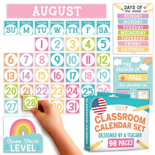 Hadley Designs Classroom Calendar Set Bulletin Board Decorations - Pastel School Calendar for Classroom Decor, Kindergarten Preschool Elementary Teacher Must Haves, Homeschool & Daycare Essentials - style: Colorful Pastel