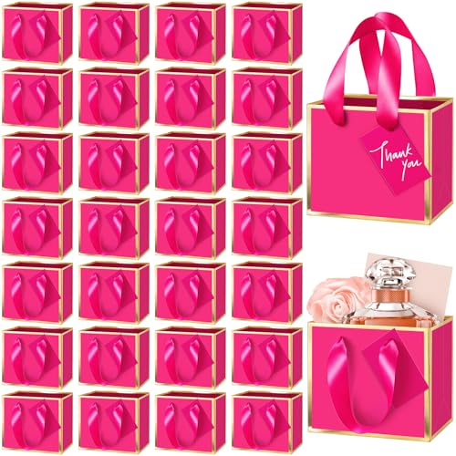 Yeaqee 50 Pcs Mini Metallic Paper Gift Bags with Handle 4.75x2.25x4'' Small Gift Bag DIY Tag Thank You Party Favor for Summer Wedding Baby Shower Birthday Back to School Jewelry (Hot Pink,Gold) - color: Hot Pink, Gold