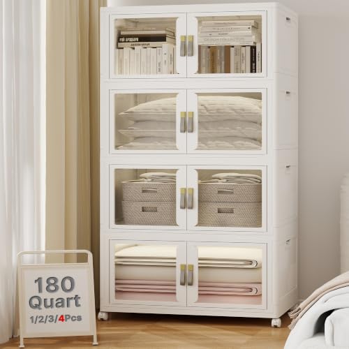 UAMFURI Stackable Storage Bins with Lids, Clear Doors, Large Storage Cabinet Foldable Collapsible Closet Organizers for Bedroom Dorm Office (4, White, 180, Quarts) - color: White