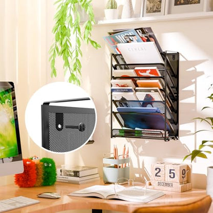Simple Trending Wall File Organizer, Mesh 7-Tier Vertical Hanging File Holder, Desktop Metal Files Rack for Office and Home, Black