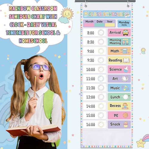 Funrous Daily Schedule Pocket Chart with 82 Cards, Linen Wall Hanging Organizer for Welcome Back to School Classroom Decorations Homeschool Visual Planner Routine Calendar(Pastel) - style: Pastel