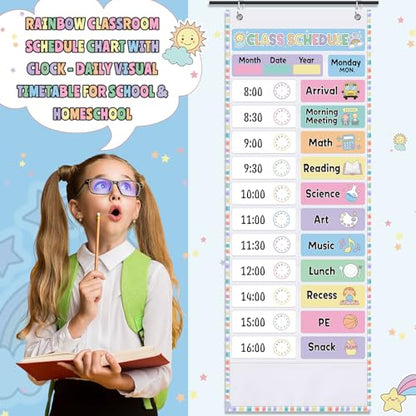 Funrous Daily Schedule Pocket Chart with 82 Cards, Linen Wall Hanging Organizer for Welcome Back to School Classroom Decorations Homeschool Visual Planner Routine Calendar(Pastel) - style: Pastel