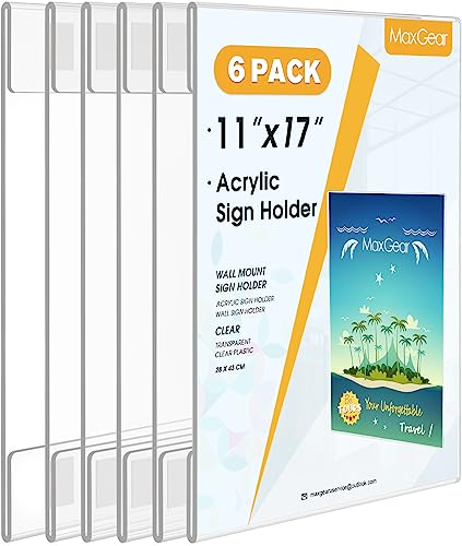 MaxGear Acrylic Sign Holder 11 x 17 Wall Mount with Tape, 6 Pack, Vertical | Strong Double-Sided Tape, Easy Insert and Replace Paper, Poster, Document and Flyer, Acrylic Frame for Office, Home, Store - size: 11"x17"-6Pack, style: Vertical