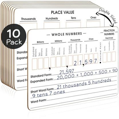 SCRIBBLEDO 10 Pack Place Value Board 9" x 12" Double Sided Dry Erase Boards for Kids for Teaching Place Values from Billions to Decimal Numbers Math Manipulative Lapboard for Teachers School Classroom