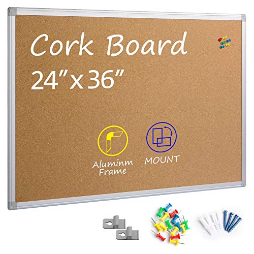Cork Board Bulletin Board 24 x 36, Silver Aluminium Framed 2x3 Corkboard, Office Board for Wall Cork, Large Wall Mounted Notice Pin Board - size: 24" x 36"