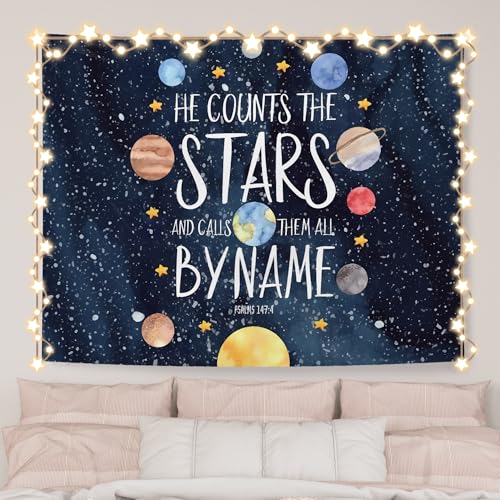 AQYIP Space Christian Tapestry Wall Hanging, Solar System Space Tapestry Decorative, Bible Verse Wall Blanket Decor for Toddler Nursery Kids Boys Room Bedroom Playroom Classroom, 50x60 Inch - color: psalms 147:4