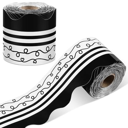 Kolldenn 68.9ft Black and White Bulletin Board Border Black White Squiggles and Stripes Classroom Borders Trim Rolled Die Cut for Bulletin Board Chalkboard School Teachers Wall Decor (Scalloped Heart) - style: Scalloped Heart