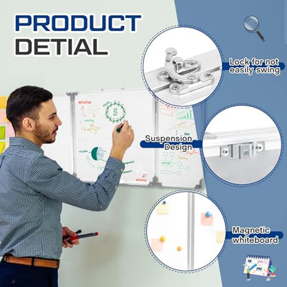 AmazingSpark 48” x 18” Foldable Whiteboard Dry Erase Board Large Tri Folding Whiteboard Magnetic Dry Erase Board, Wall Aluminium Frame and Flip Out Pen Tray for Office, Home - size: 48"W x 18"H