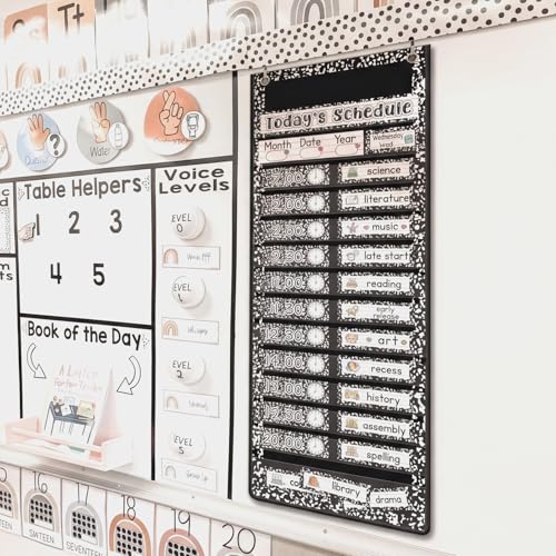 Gueevin Composition Book Daily Schedule Pocket Chart & Card Set Include 1 Hanging Chart with 24 Pockets 2 Metal Hooks 60 Schedule & Activity Cards Reusable Calendar for Kindergarten Daycare Decor - style: Composition Book