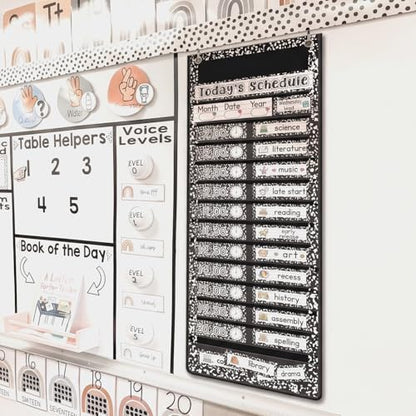 Gueevin Composition Book Daily Schedule Pocket Chart & Card Set Include 1 Hanging Chart with 24 Pockets 2 Metal Hooks 60 Schedule & Activity Cards Reusable Calendar for Kindergarten Daycare Decor - style: Composition Book