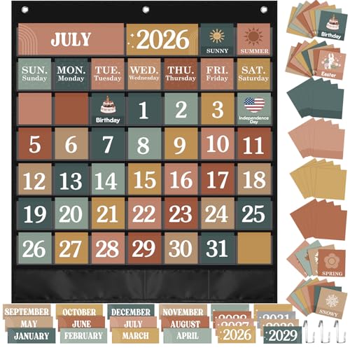 Sinload Classroom Calendar Pocket Chart Set Calendar Bulletin Board Set Seasons Festival Weather Pocket Chart for Classroom Decoration Back to School Supplies(Modern Boho,Black) - color: Black, style: Modern Boho