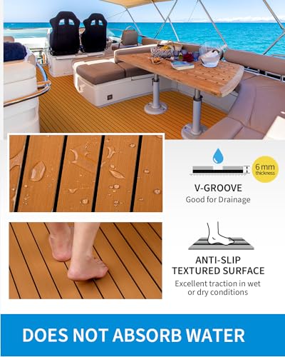 OCEANBROAD Boat Flooring with 3M 99786+ High Strength Adhesive Backing EVA Foam Self-Adhesive 96''x45.6'' Faux Teak Marine Decking Sheet for Jon Boats Yacht RV Floor - color: Brown with Black Lines