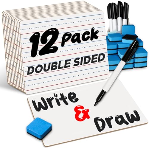 Double Sided Dry Erase Small White Board with Lines (12 Boards + 15 Pens/Erasers) - 9x12 Inch for Kids Lapboard, Mini Whiteboard, Students & Classroom