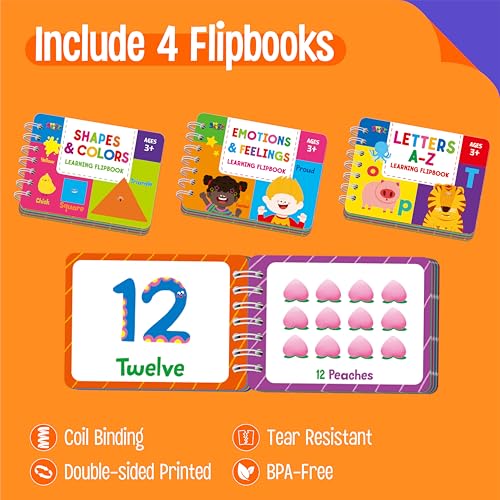 4 Preschool Learning Flipbooks, 96PCS Double Sided Printed Cards Set, Alphabet Letter A-Z, Number 1-20, Feelings and Emotions, Shapes and Colors Mini Board Books Set Early Educational Tool for Kids - style: Letter/Number