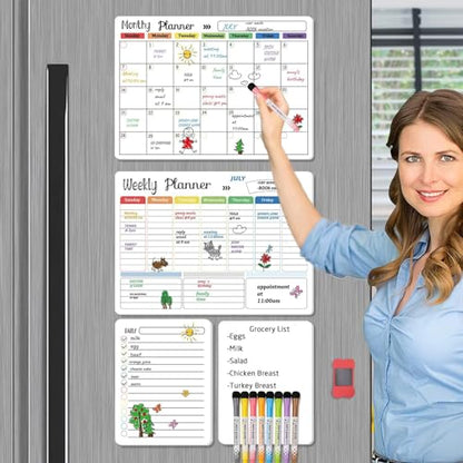 Hivillexun Magnetic Dry Erase Calendar Whiteboard Set (4-Pack) for Home and Kitchen, with Monthly and Weekly Views (16.5” x 11.8”), Magnetic Whiteboard and Daily Planners (12” x 8”) 8 Markers & Eraser - color: White Monthly/Weekly/Daily Planners Grocery L