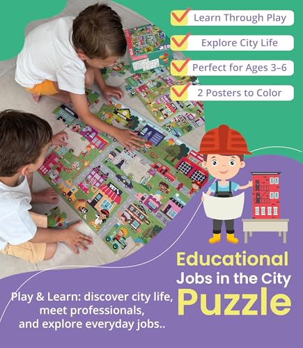 Floor Puzzles for Kids Ages 3-5 4-6 Educational 48 Piece City Jobs Theme with 2 Giant Coloring Posters Preschool Learning Toy Boosts Focus Creativity Screen Free Play Family Time Fun - style: JOBS IN THE CITY