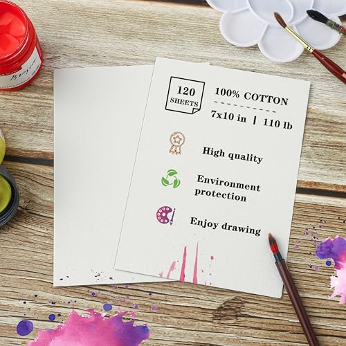 Silunkia 120 Sheets 100% Cotton Watercolor Paper 7 x 10, 140lb/300gsm Heavyweight Cold Pressed Off White Paper for Students Adults Beginner Artists Drawing Valentine Gift Cards - size: 7 x 10