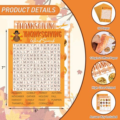 COCHIE 30 Players Thanksgiving Games for Family Party Adults Office Large Groups, Word Search Games, Food Quiz Game, Fall Classroom Activities with Answer Key (Thanksgiving B) - style: Thanksgiving B