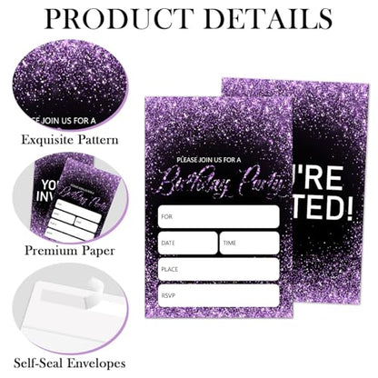 Black Glitter Birthday Invitations With Envelopes Set of 20, Simple Birthday Invites For Girls Boys Teens Adults, Party Favor Supplies-008 - color: Black Glitter