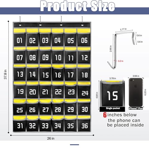 Loghot 36 Numbered Pockets Classroom Pocket Chart for Cell Phone Holder | Wall Door Hanging Pocket Organizer for Phone Calculator Holder, Phone Pouch for School Classroom & Office Phone Management - size: 36 Pockets Black