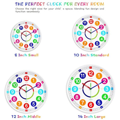 Kids Wall Clock - Non-Ticking, Battery-Operated Time Teaching Clock for Kids, Ideal for Children’s Bedrooms, Playrooms, and Stylish Home Décor – White, 12 Inch - size: 12 Inch