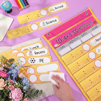Pasimy Daily Schedule Pocket Chart with 31 Pencil Cards and 14 Pockets Pencil Schedule Charts Back to School Classroom Decor for School Office Home Educational Activity Supplies - style: Pencil Pocket Chart
