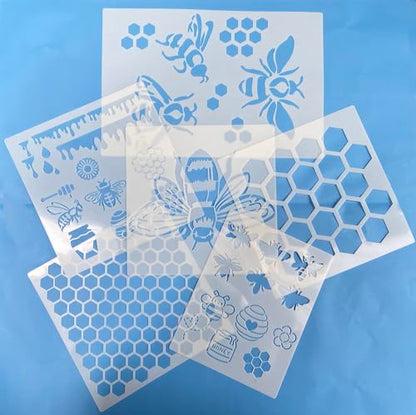 6PCS Reusable Bee Stencils Bee Honeycomb Stencil for Painting on Wood Signs Furniture DIY Crafts Wall Canvas Fabric Plastic Drawing Template for Painting on Wood Tile Paper Fabric Floor Wall