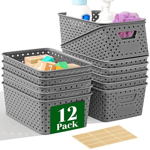 12 Pack Plastic Storage Baskets for Organizing, Storage Baskets for Shelves with Handles, Small Storage Bins with Labels, Organizer Baskets for Cabinet,Closet, Office,Gray - color: Gray