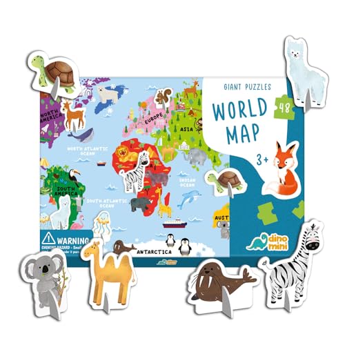 Dinomini Giant World Map Puzzle for Kids - with Interactive Standing Figures - Floor Puzzles for Kids Ages 3-5 - Preschool Learning Activities - Learning & Educational Toys - color: World Map