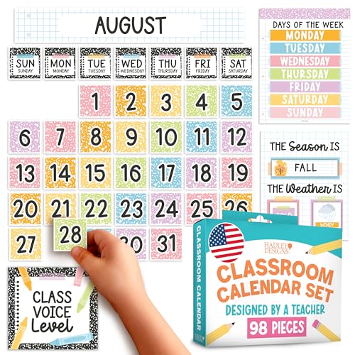 Classroom Calendar Set Bulletin Board Decor – School Calendar for Classroom Elementary & Preschool, Bulletin Board Decorations with Weather Chart & Seasons, Composition Notebook Teacher Must Haves - color: Pastel Composition