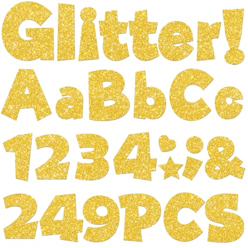 249 Pcs Glitter Bulletin Board Letters Numbers and Punctuation, 4 Inch Alphabet Poster Board Cardboard Letter Cutouts with Adhesive Dots for Classroom Bulletin Board School Decorations (Yellow) - color: Yellow