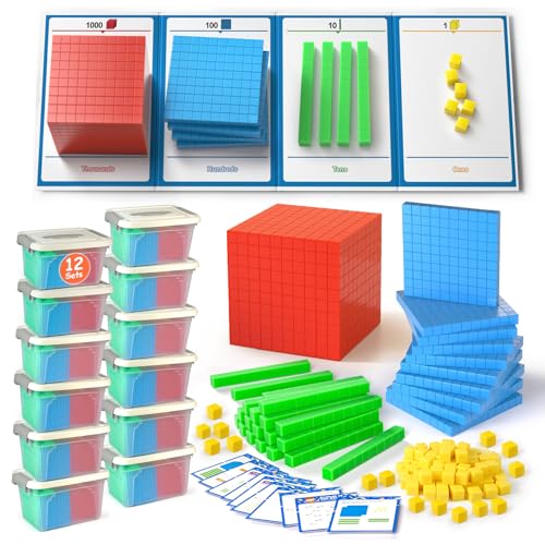 TOMMYHOME Base Ten Blocks with Place Value Chart 12 Boxes - Math Manipulatives for Kids.Counting Blocks for Math to Help Educate Kindergarten Teachers