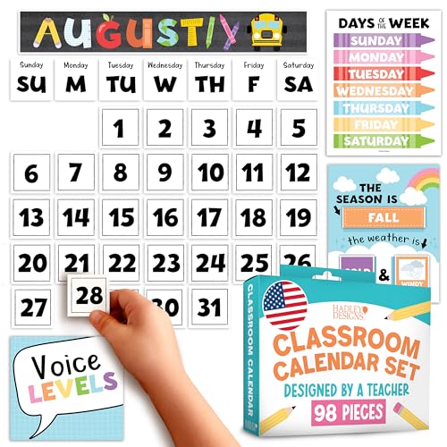 Hadley Designs Classroom Calendar Set Bulletin Board Decorations - Colorful School Calendar for Classroom Decor, Kindergarten Preschool Elementary Teacher Must Haves, Homeschool & Daycare Essentials - style: Typography