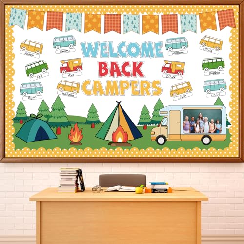 Summer Camping Bulletin Board Decorations Set Welcome Back Camper Classroom Decor Adventure Camp Themed Campfire Tent Paper Cutouts for Woodland Party Back to School Chalkboard Wall Supplies Favor - style: Summer Camping