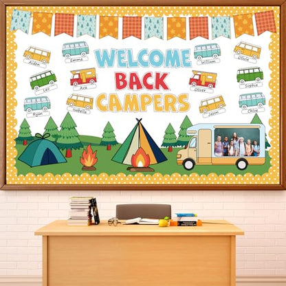 Summer Camping Bulletin Board Decorations Set Welcome Back Camper Classroom Decor Adventure Camp Themed Campfire Tent Paper Cutouts for Woodland Party Back to School Chalkboard Wall Supplies Favor - style: Summer Camping